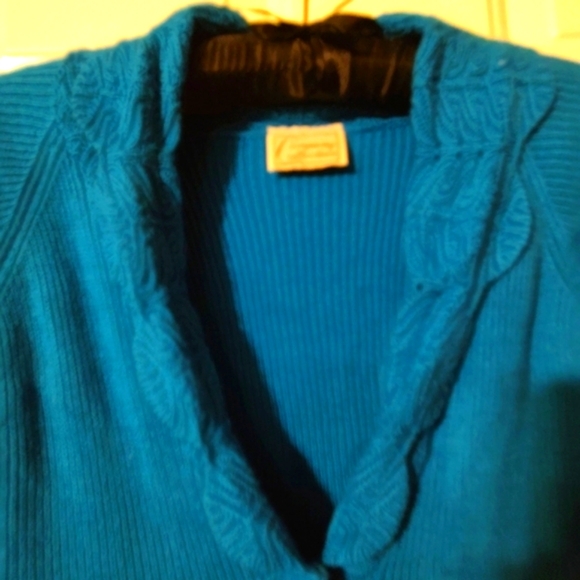 🐦Glorious Vtg 80's Rich Turquoise Crochet Woven Bell Sleeve Cardigan Sweater -S - Picture 12 of 16